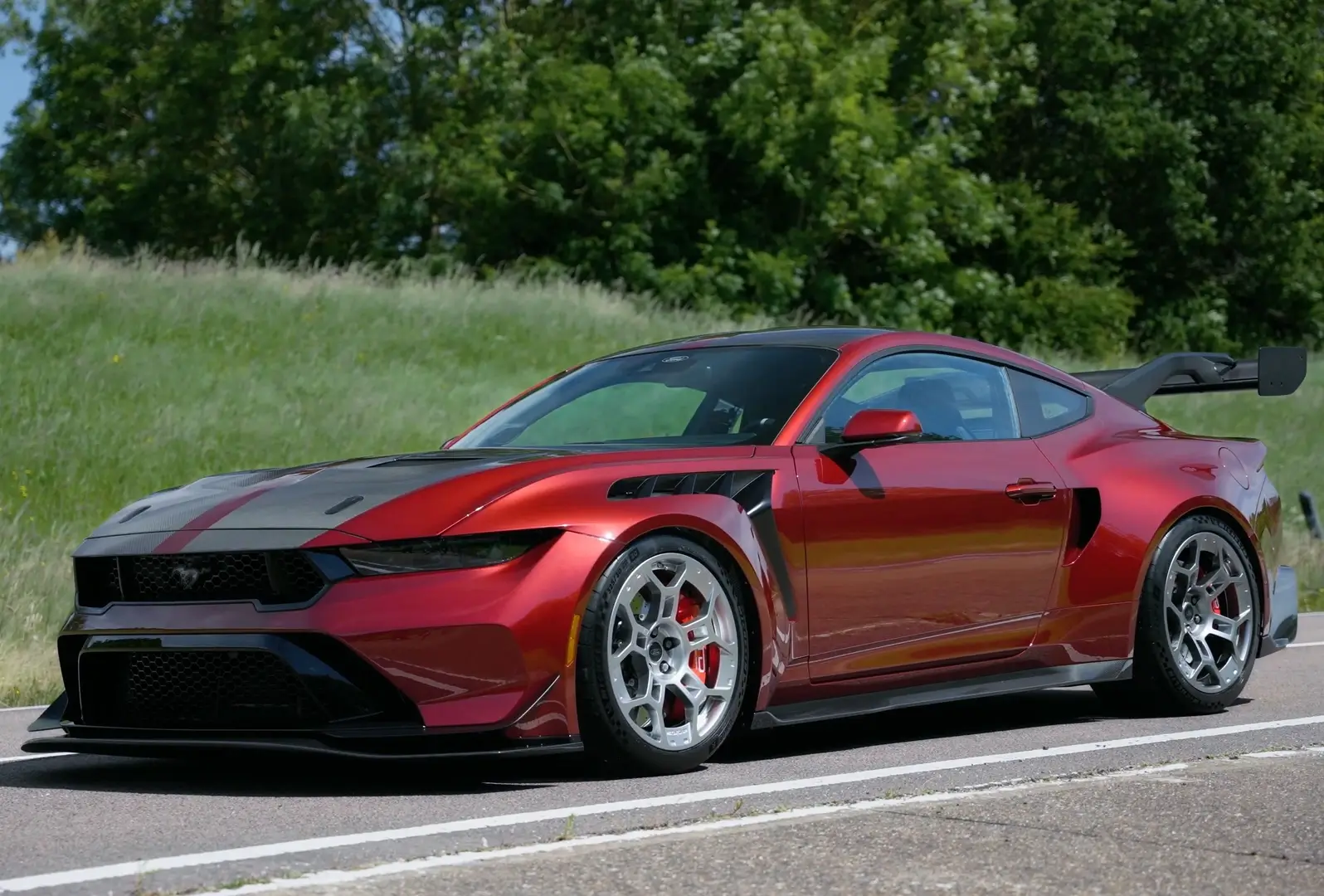 A low angle front left view of the 2025 Ford Mustang GTD