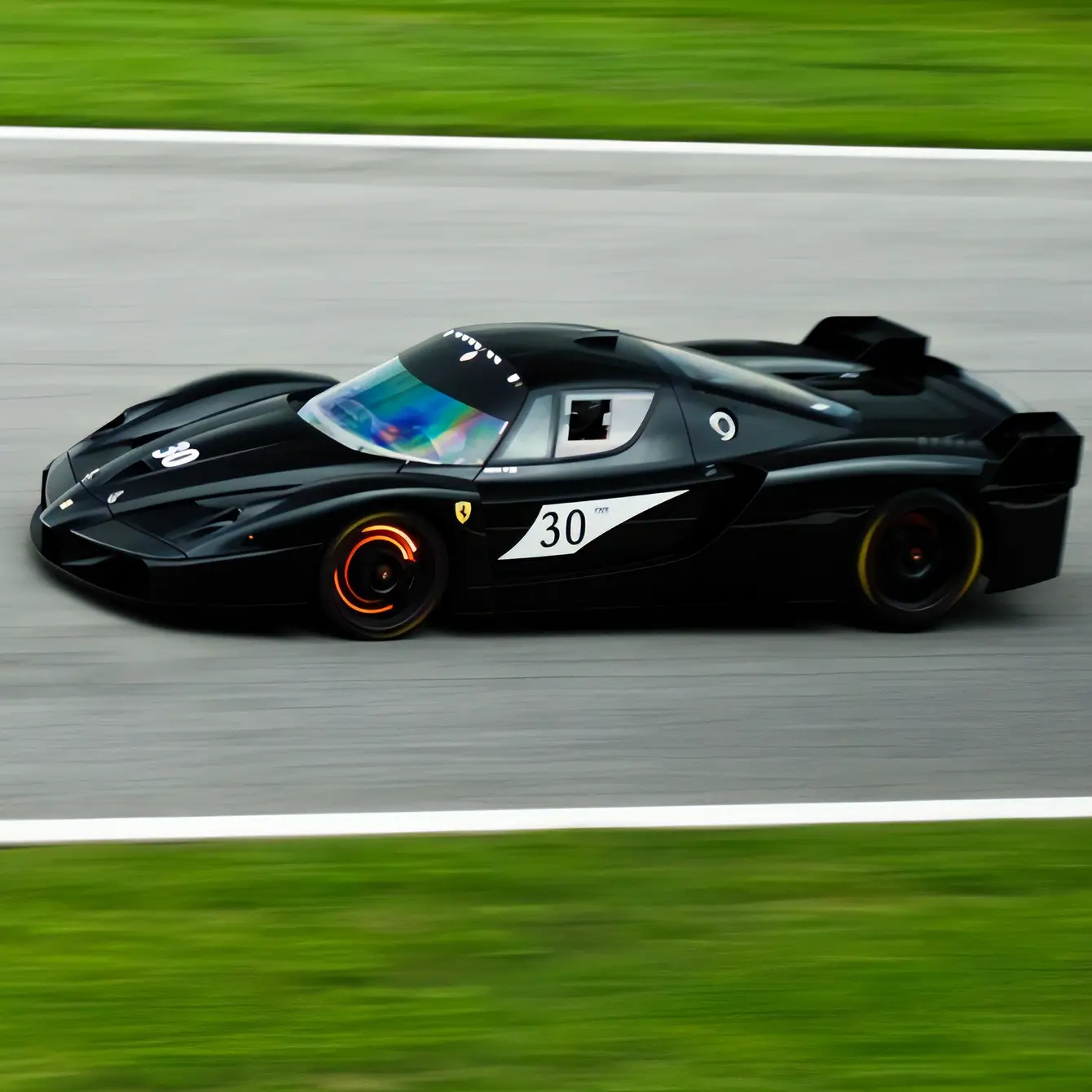 Schumi's Black Fxx on track with red hot glowing brake discs