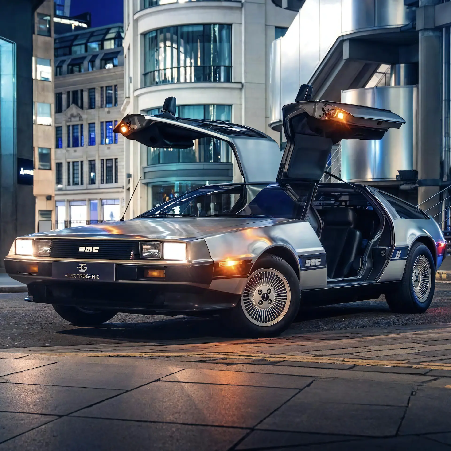 100% Electric DeLorean DMC-12 (EV Conversion Kit) parked in a street with open doors