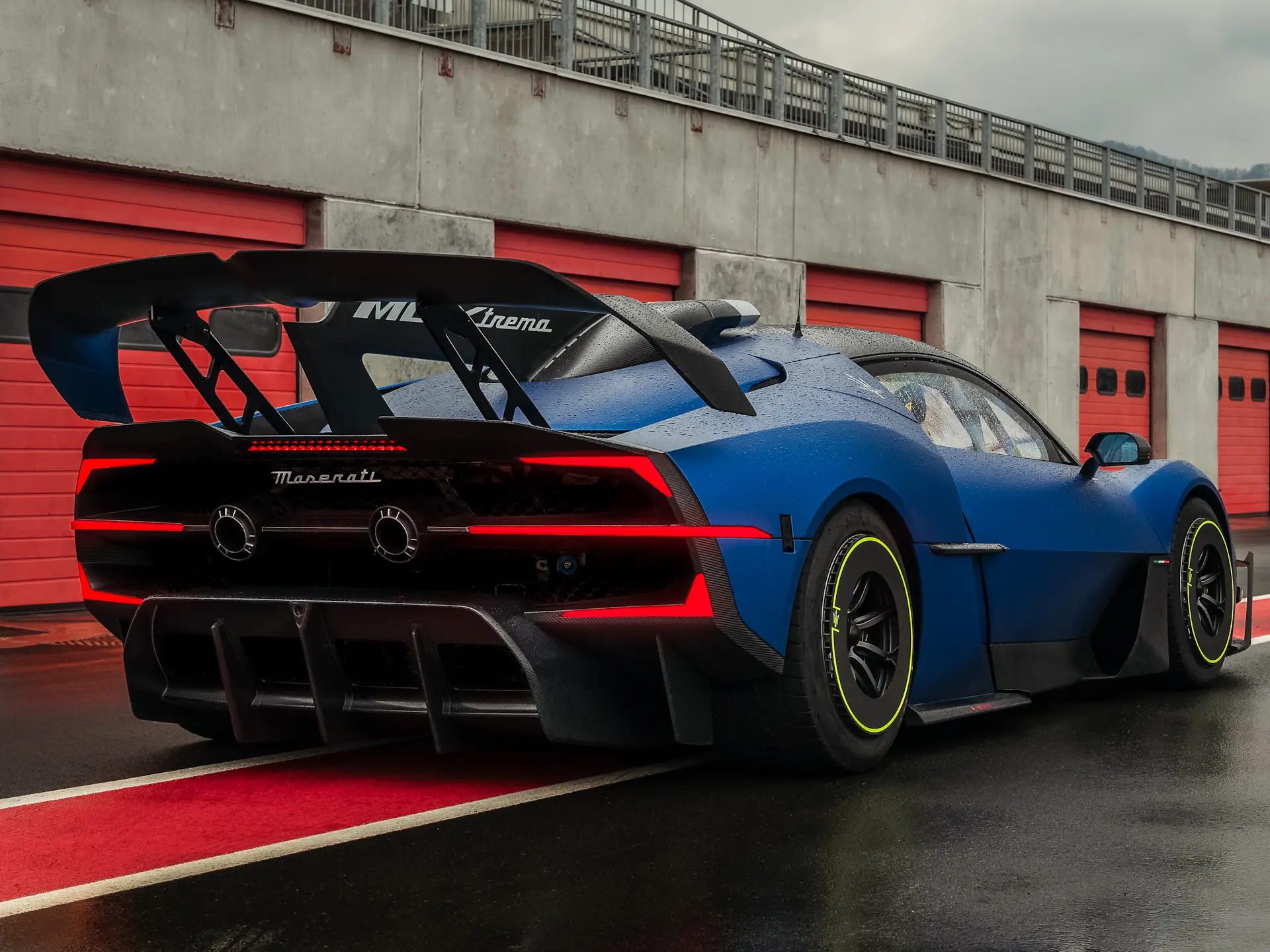 Rear Right parked in a pitlane on a rainy track day