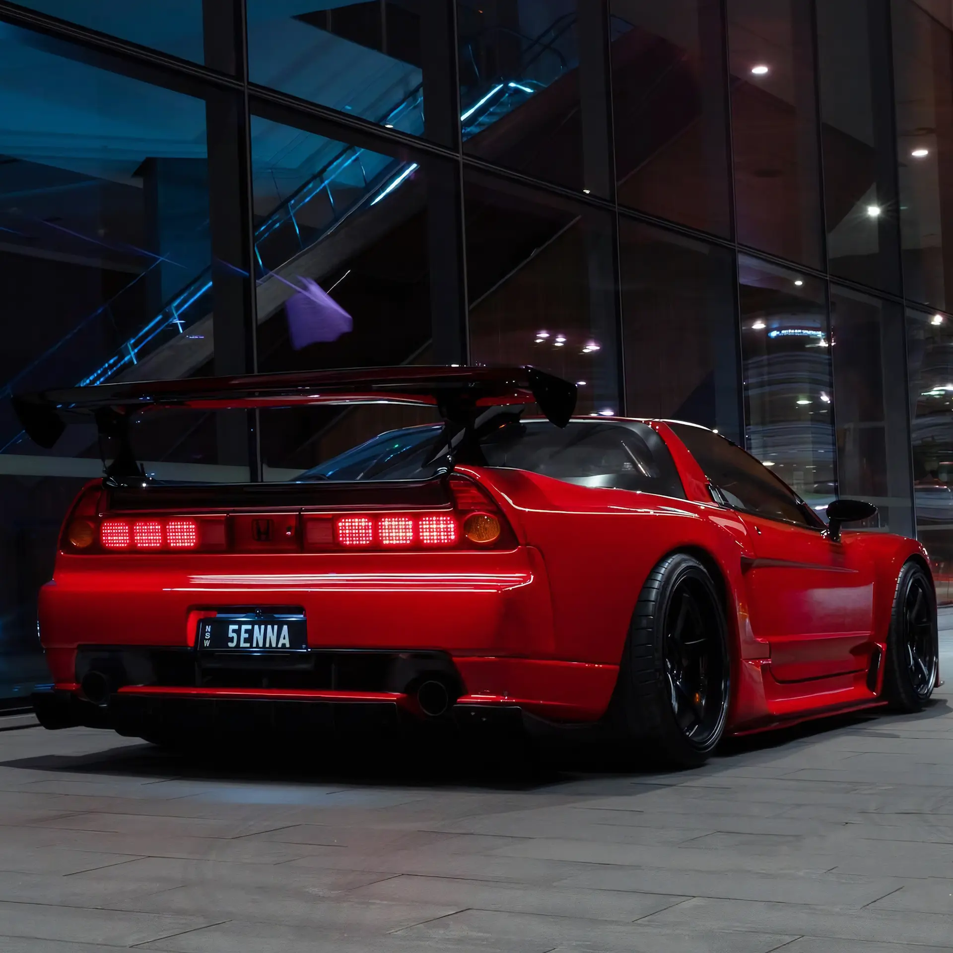 Rear Close Up of Tail Light Cluster and Spoiler in the Red Honda NSX 5ENNA