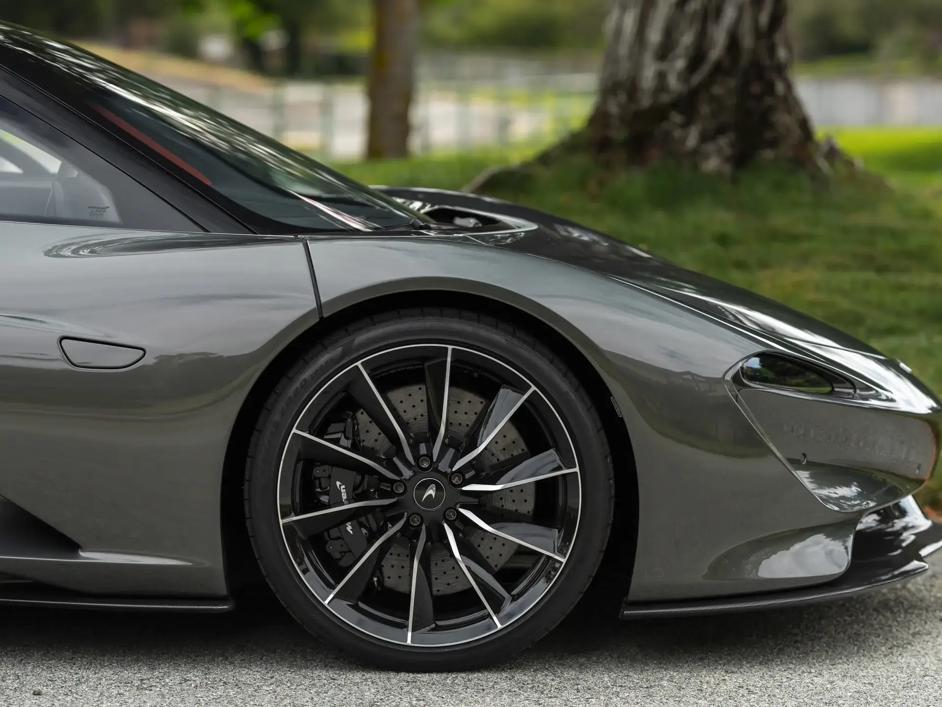 Close Up of the Right Front Wheel on the McLaren Speedtail - showing the tyre rim and the brake cluster