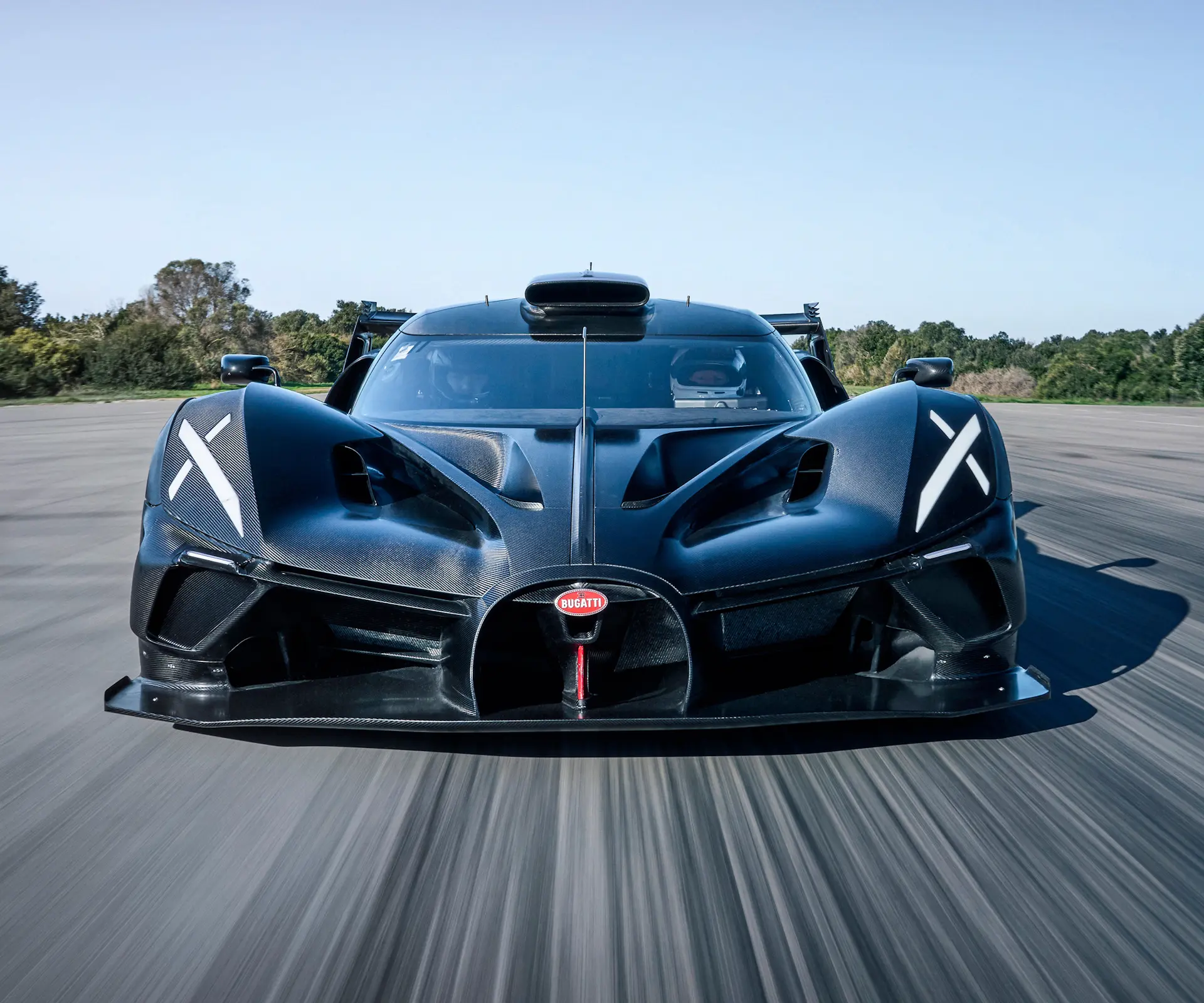 Dead front shot of the Bugatti Bolide on track